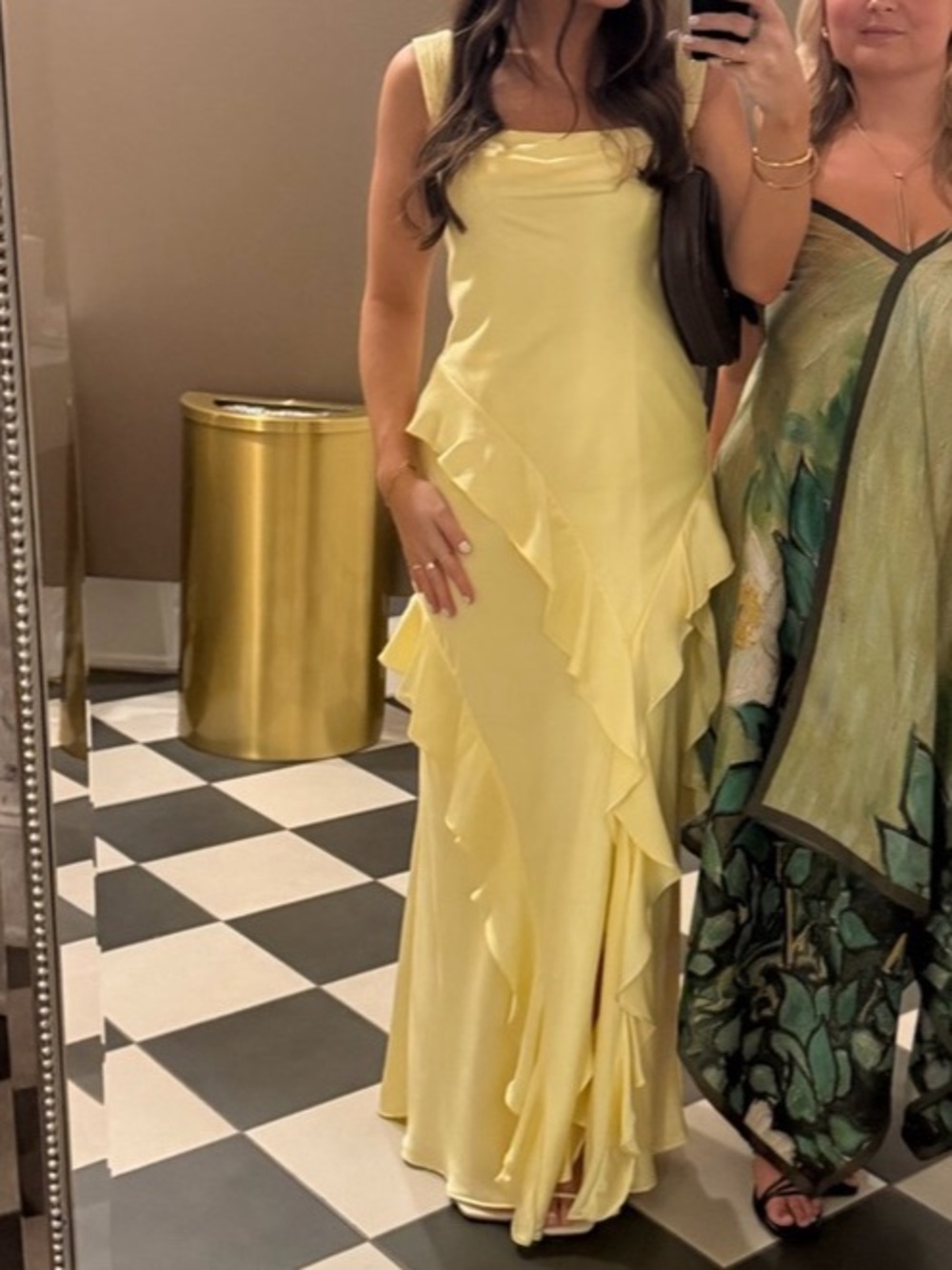 Birdy Grey Yellow Ruffles Maxi Satin Dress